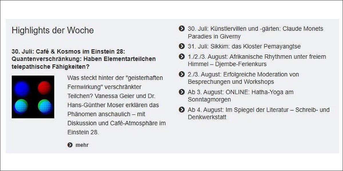 Ausschnitt MVHS-Website: Kurse der Woche mit einem Bild