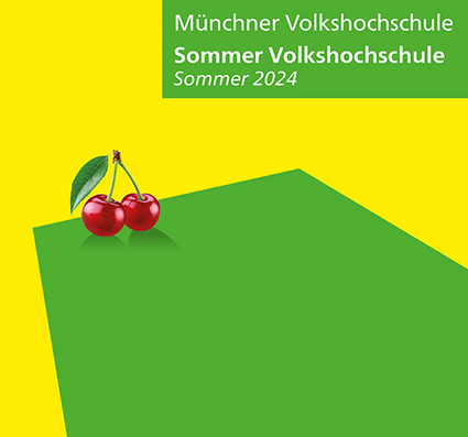 Cover Broschüre Sommer VHS 2024: Zwei Kirschen vor grün-gelbem Hintergrund
