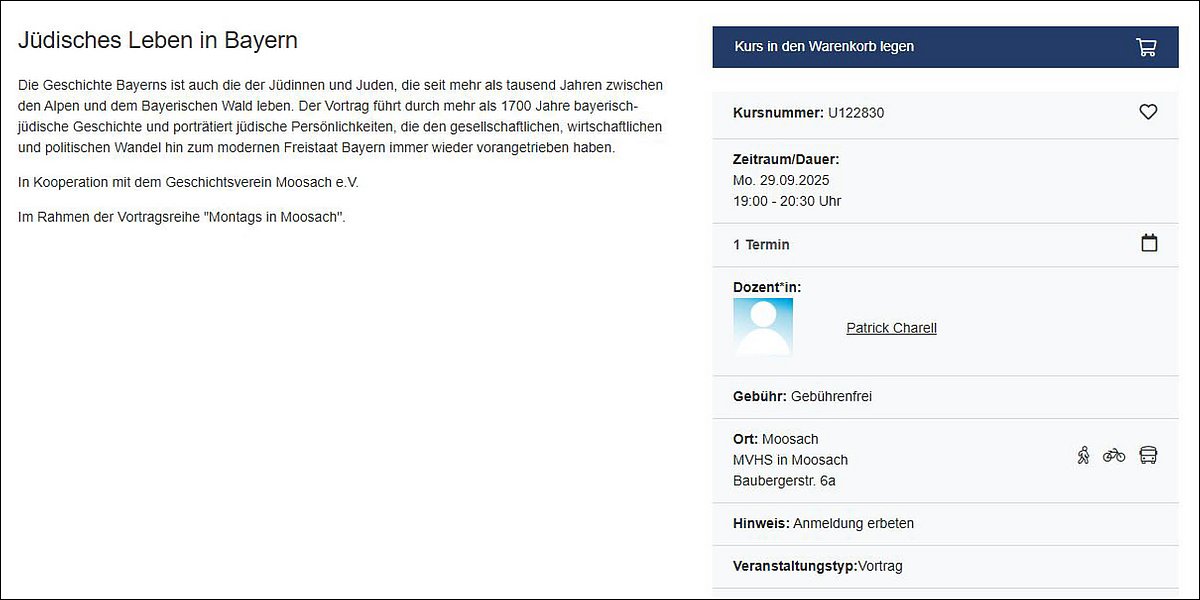 Ausschnitt MVHS-Website: Beispiel für einen Kurs