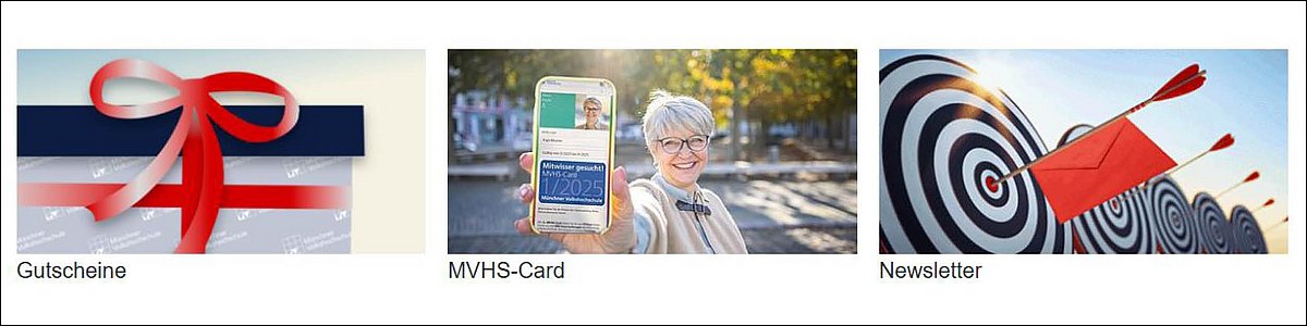 Ausschnitt MVHS-Website: Bilder von Gutschein, Frau mit MVHS-Card und Brief mit Zielscheibe