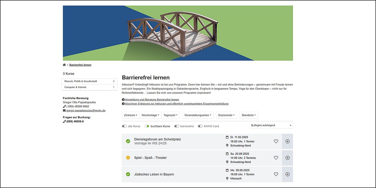 Ausschnitt MVHS-Website: Kurse aus dem Bereich Barrierefrei Lernen