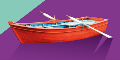 rotes Ruderboot vor lila-türkisem Hintergrund