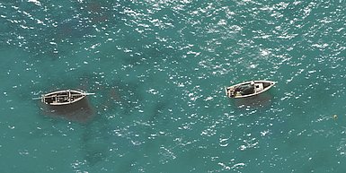 Luftbild auf grünes Meer mit zwei Booten