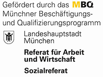 Logo "Gefördert durch das MBQ, Landeshauptstadt München, Sozialreferat"